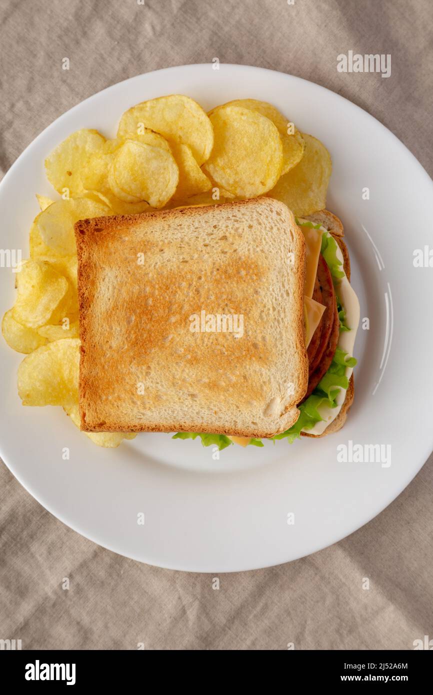 Homemade Fried Bologna and Cheese Sandwich with Chips on a Plate, top