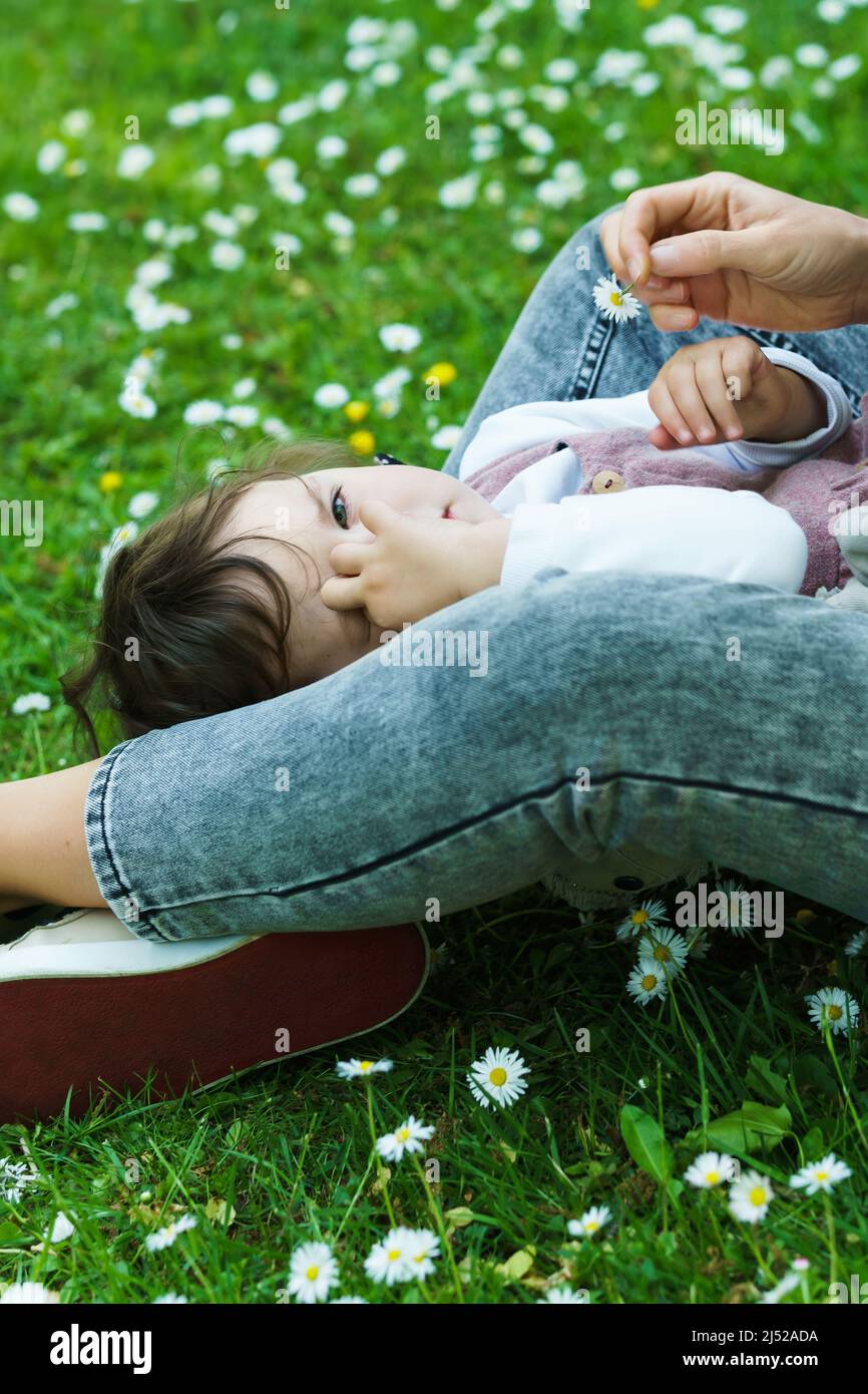 Cute little girl with her mother are lying in a chamomile field Stock ...