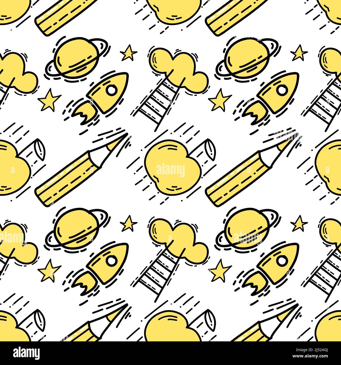Seamless pattern with Illustration space rocket, pencil, apple a doodle style black yellow color on white background Stock Vector