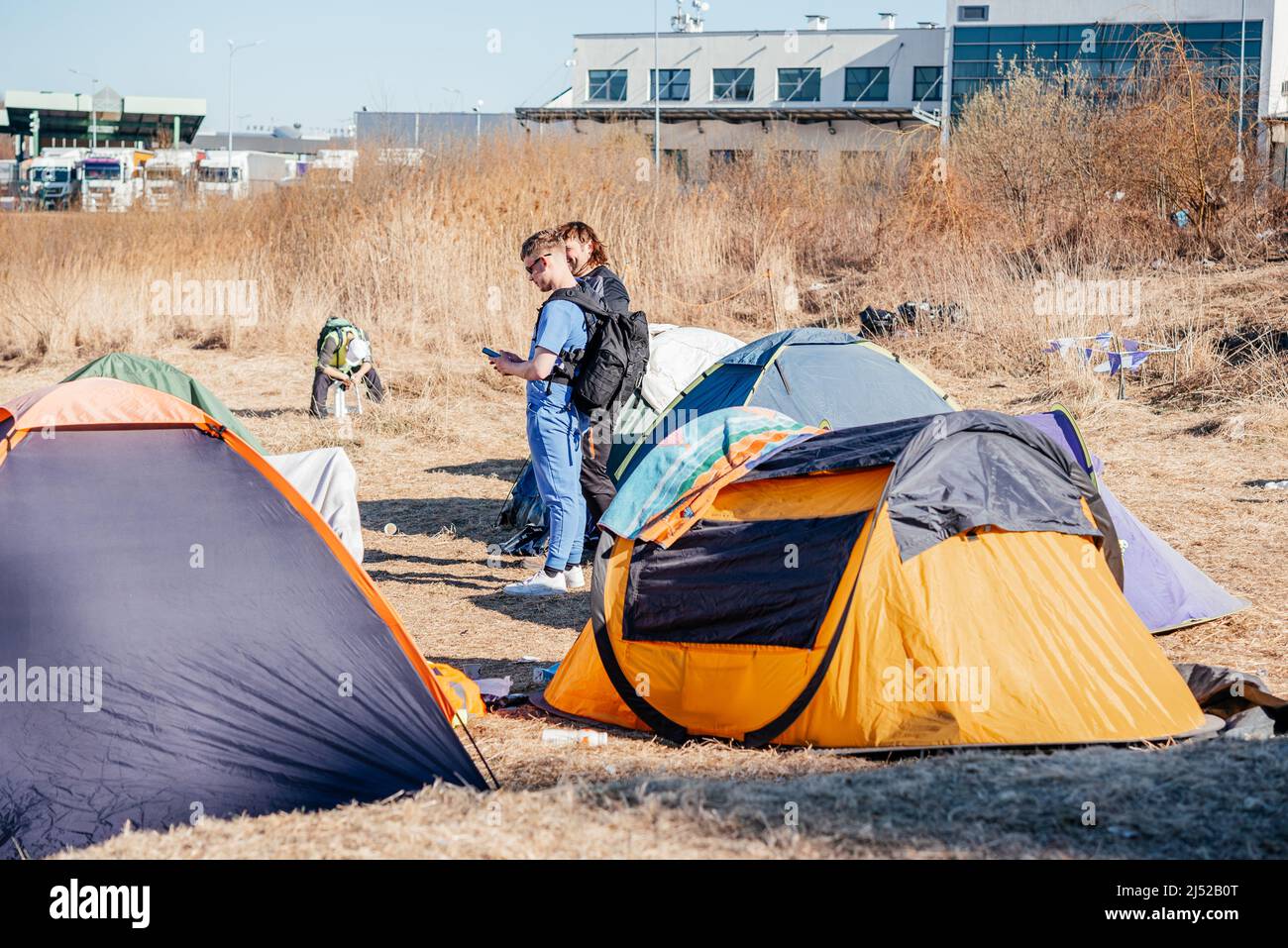 Medyka, Poland - March 24, 2022: refugees camp at Ukrainian-Polish border crossing in Medyka. People fleeing the war in Ukraine Stock Photo