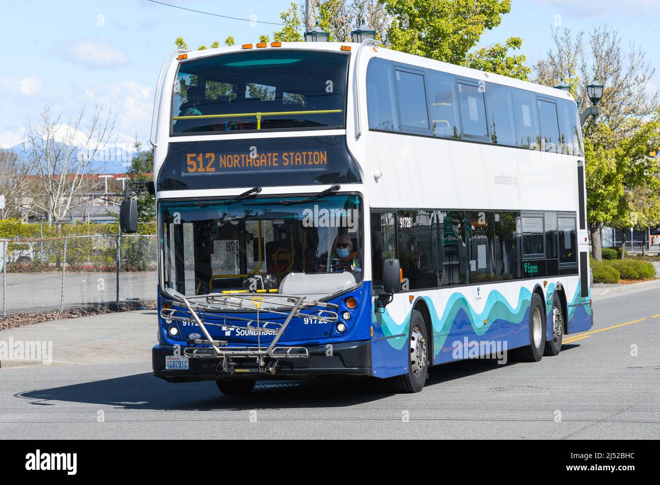 Everett, WA, USA - April 17, 2022; Sound Transit double decker bus in Everett Washington with service to Northgate Station Stock Photo