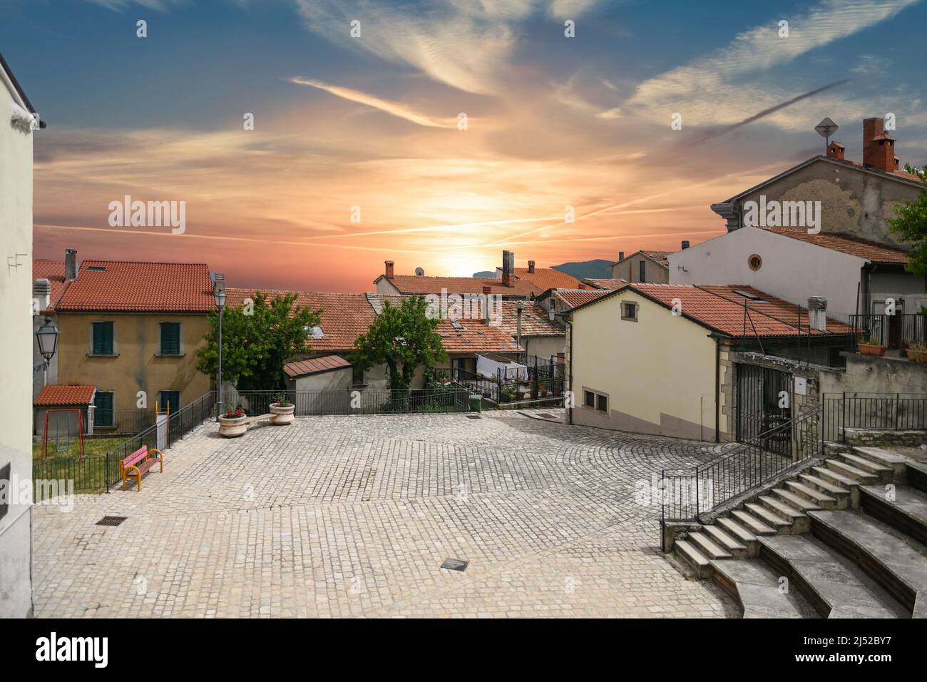 A small square in Pietrabbondante, a small village in the province of Isernia Italy. Stock Photo