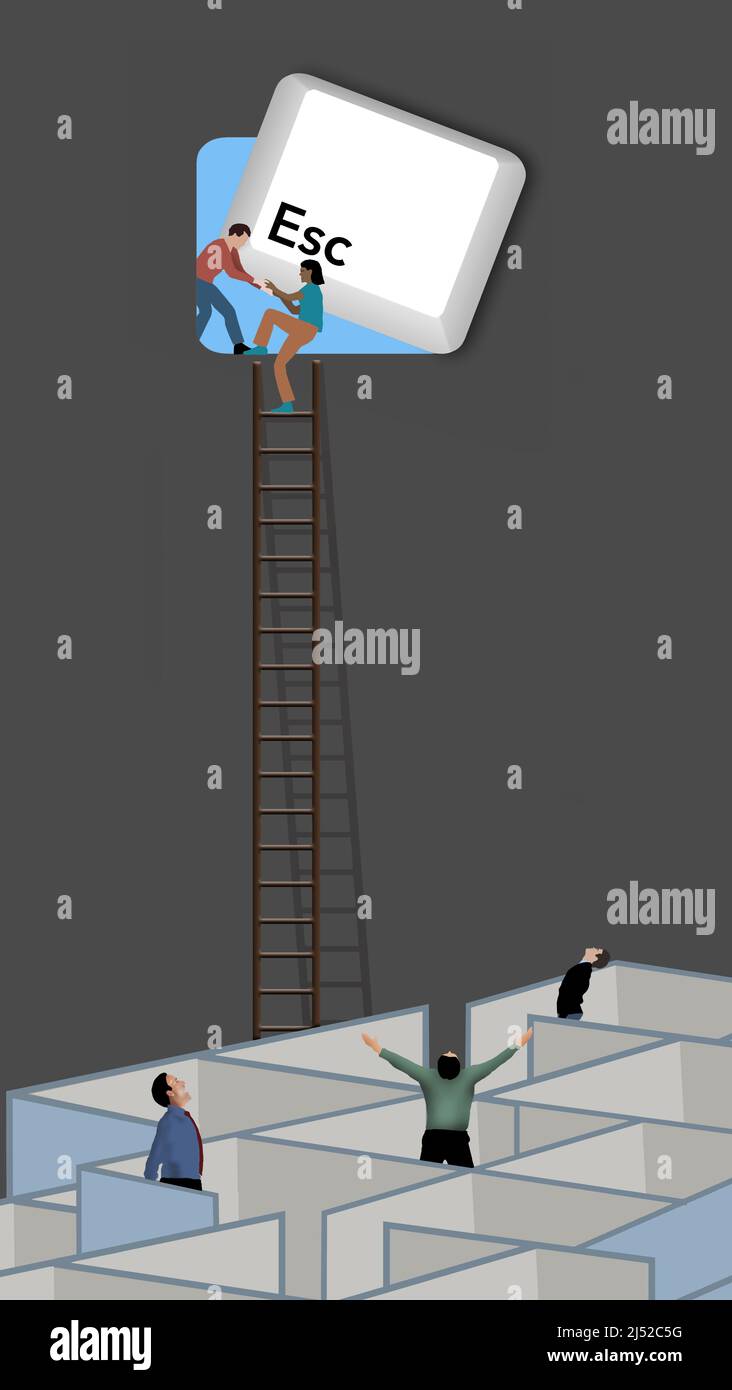 Office workers climb a ladder and escape work through a window hidden behind an escape key from a keyboard in a 3-d illustration. Stock Photo