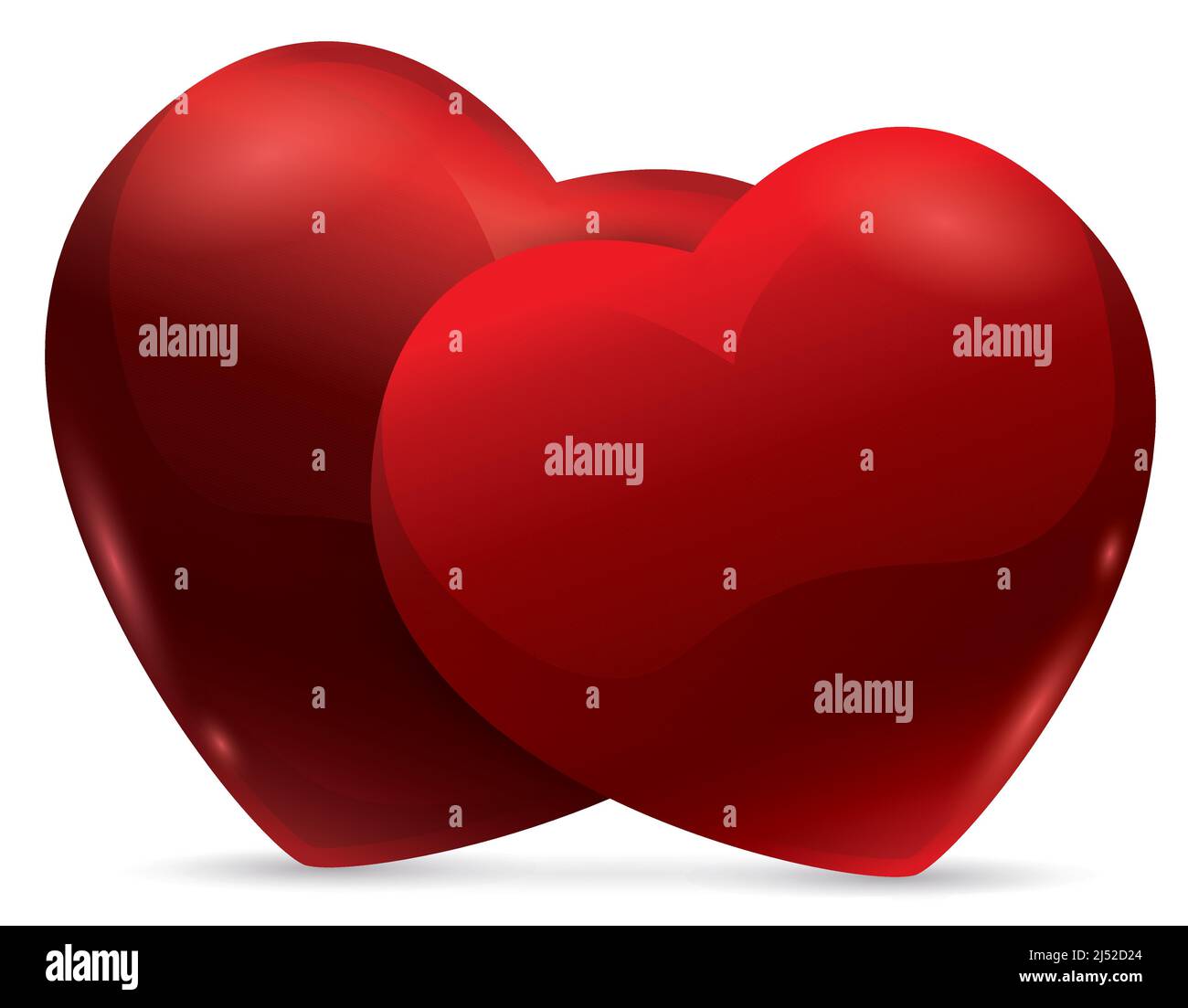 Glossy red hearts inclined one in front of other, symbolizing love and ...