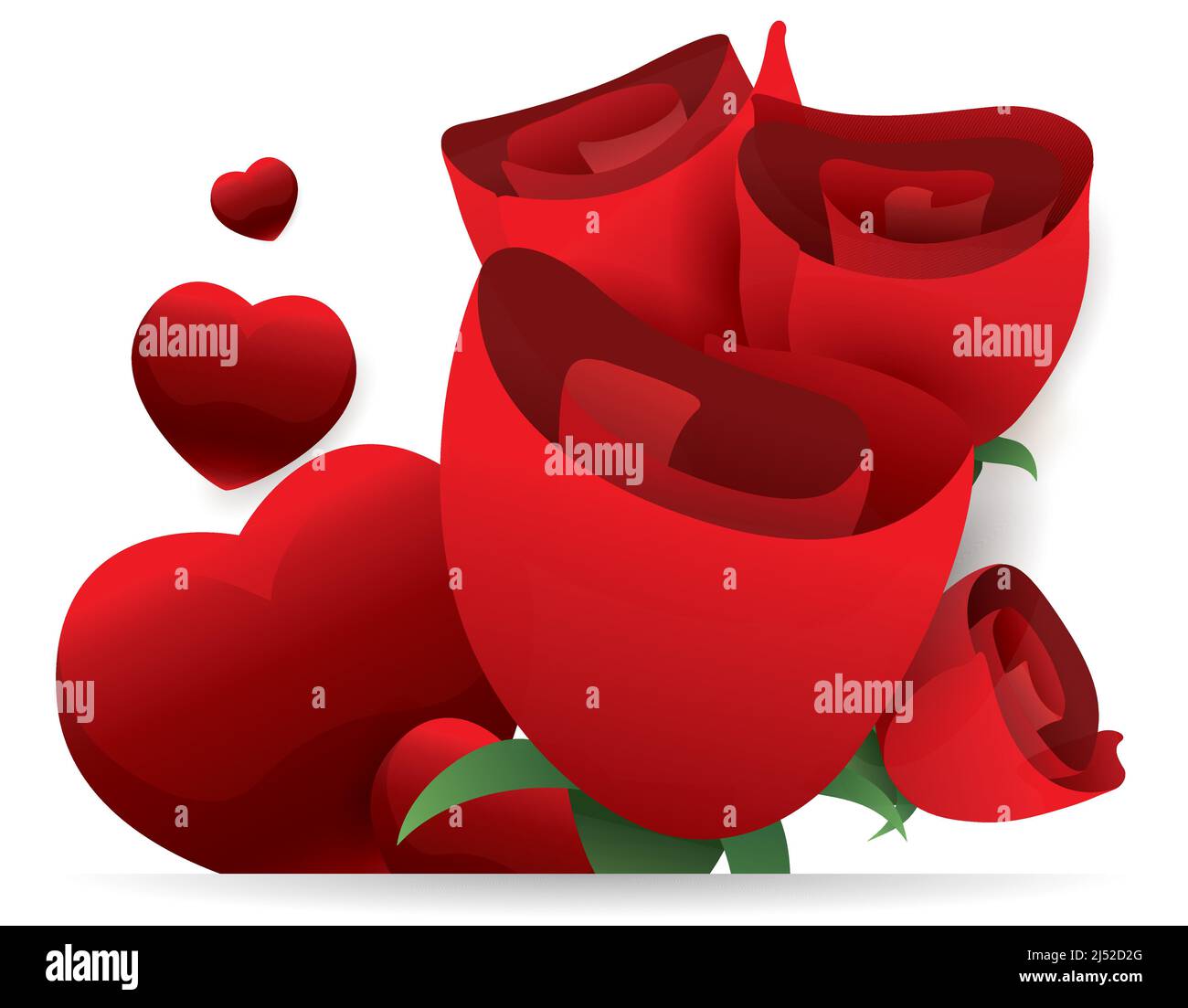 Beautiful bouquet of red roses and floating glossy hearts. Design with gradient effect over white background. Stock Vector