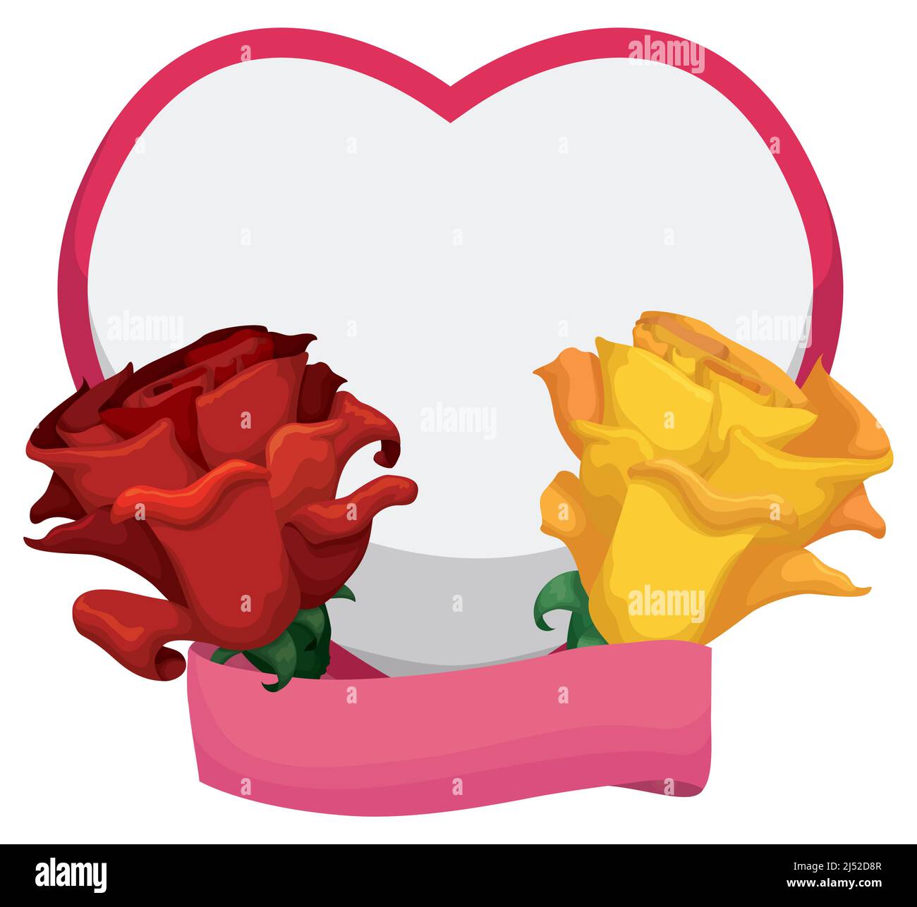 Heart decorated with beautiful roses: one red colored and the other yellow, also with pink ribbon template. Stock Vector