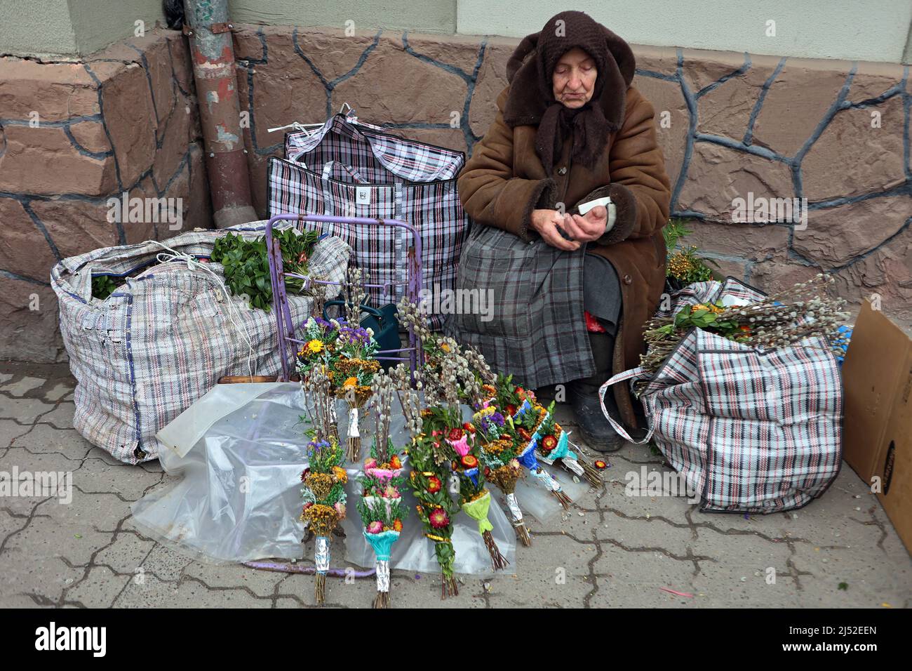IVANO-FRANKIVSK, UKRAINE - APRIL 17, 2022 - An elderly woman sells willow bouquets outside the Cathedral of the Resurrection of Jesus Christ of the Uk Stock Photo