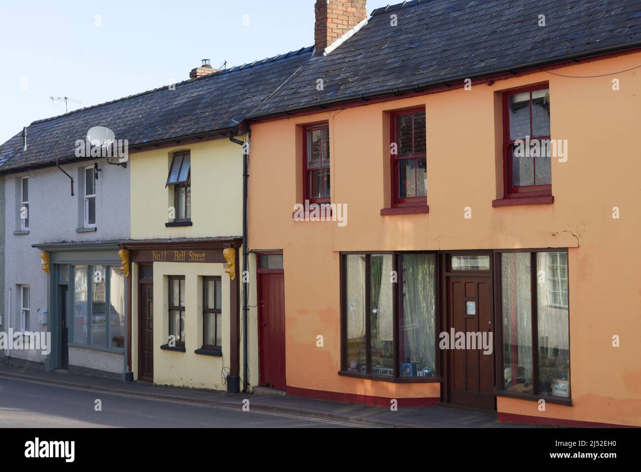 Colourful houses on Bell street Talgarth, Brecon Beacons Stock Photo