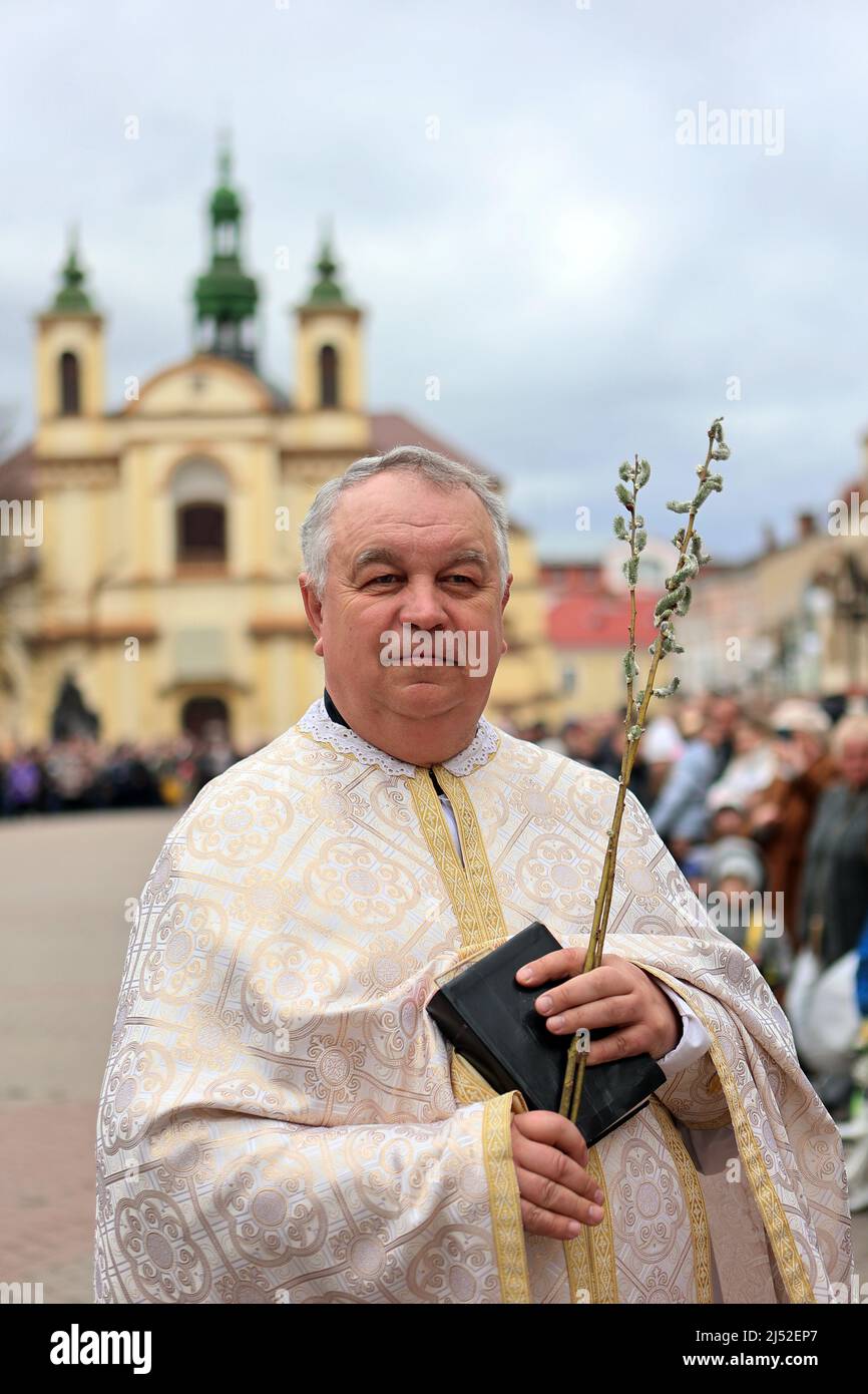 IVANO-FRANKIVSK, UKRAINE - APRIL 17, 2022 - Head of the Cathedral of the Resurrection of Jesus Christ Yurii Novytskyi is pictured during the Palm Sund Stock Photo