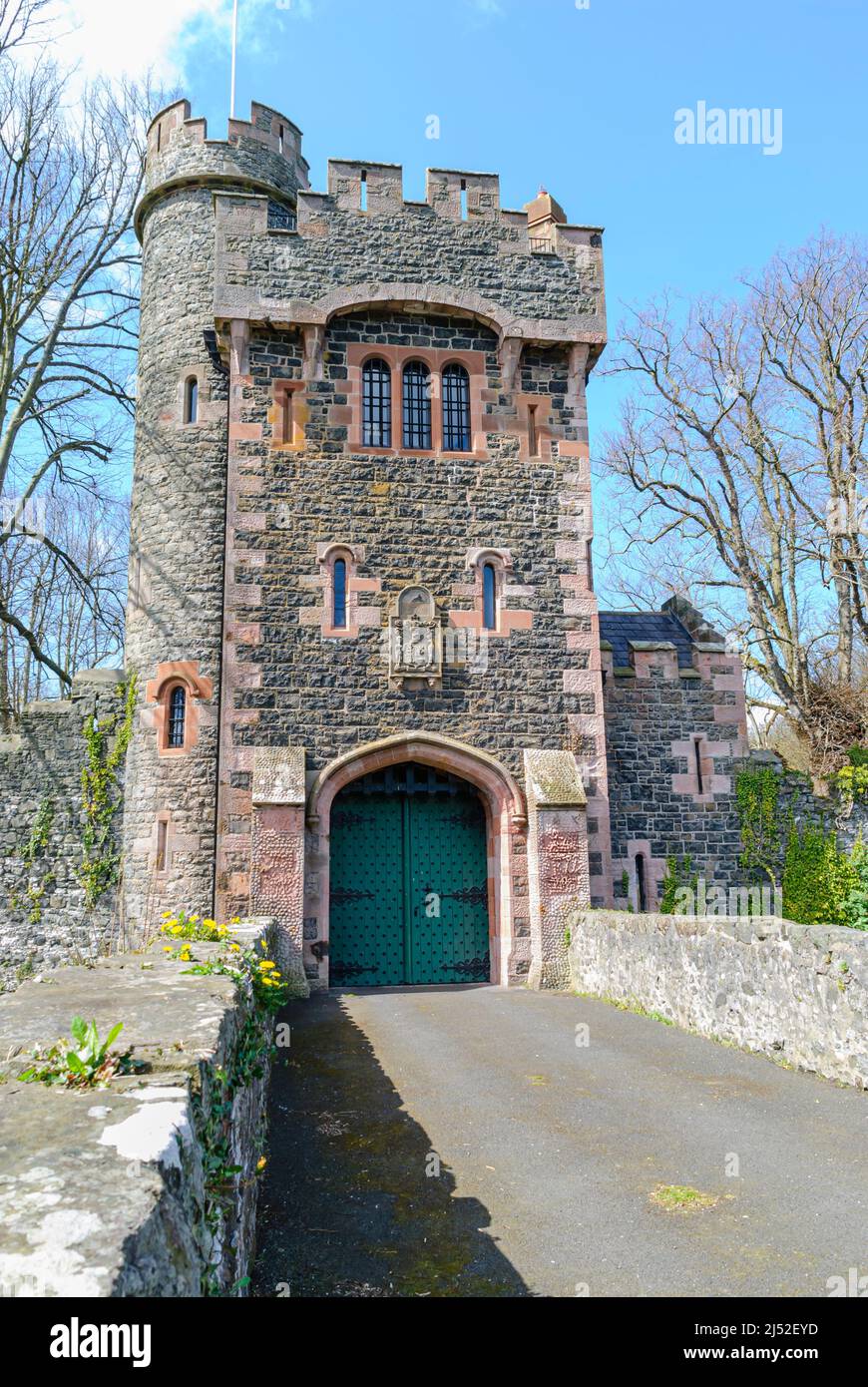 Gatehouse and bridge at Glenarm Castle, Glenarm, Northern Ireland. Stock Photo