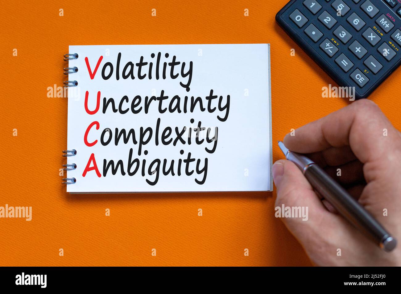 VUCA volatility uncertainty complexity ambiguity symbol. Concept words VUCA volatility uncertainty complexity ambiguity on the note. Beautiful orange Stock Photo