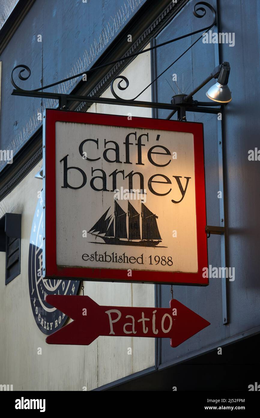Closeup of Caffe Barney restaurant and bar sign on South Granville Street in Vancouver, BC, Canada Stock Photo