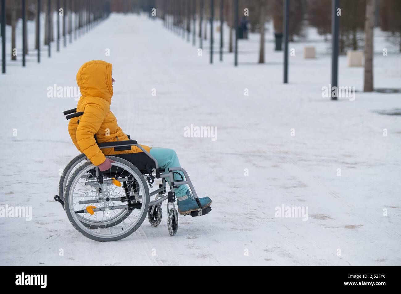 Disabled Woman In A Wheelchair Outdoors In Winter Stock Photo - Alamy