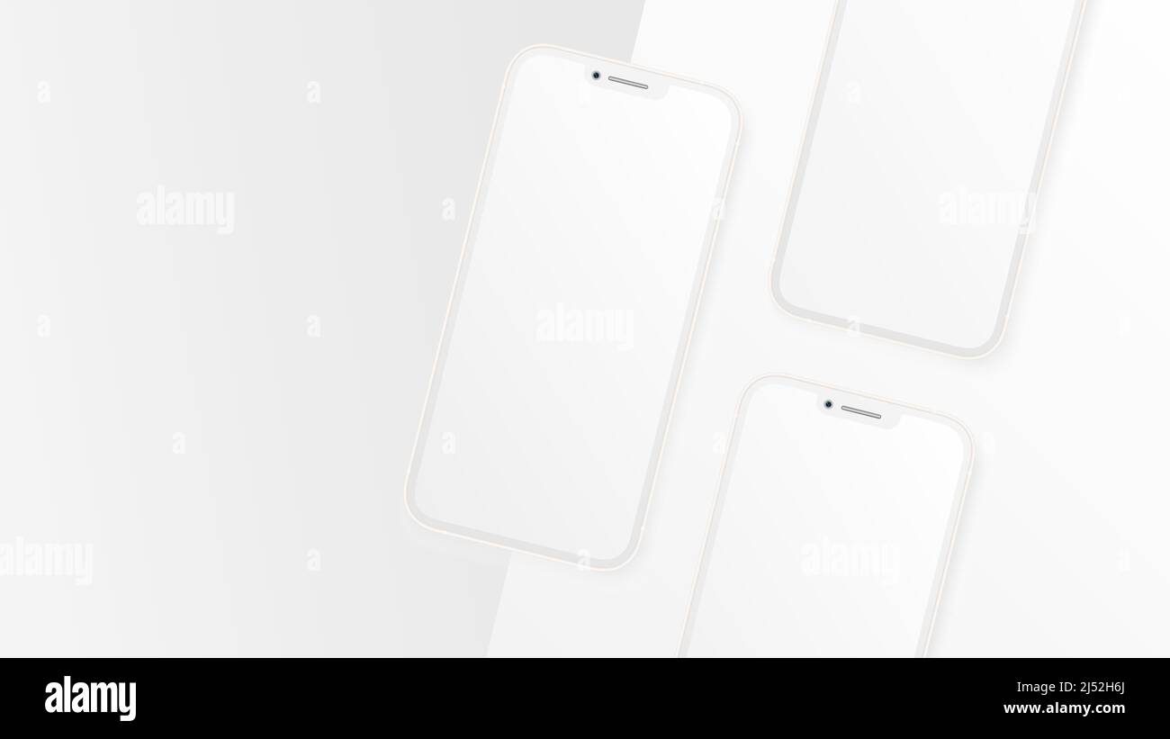 Three Smartphones. Front View. Total White Mockup. Vector illustration Stock Vector