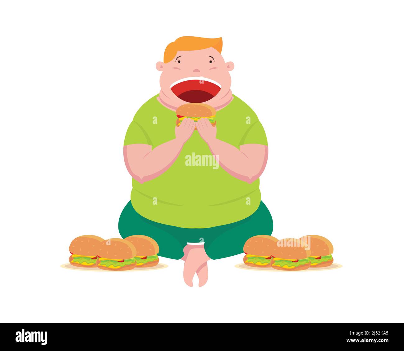 Fat Man Sitting and Eating a Lot of Burgers Illustration Vector Stock Vector