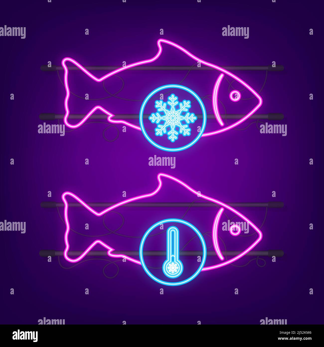 Frozen fish neon icon. Frosted organic seafood, food. Vector stock