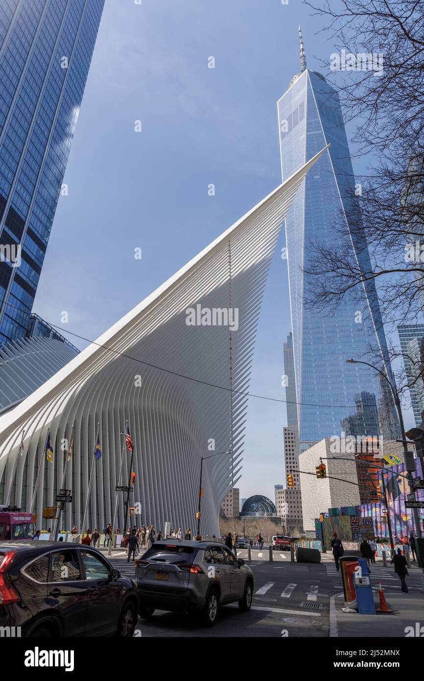 Santiago Calatrava designed the PATH railway station next to One World Trade Center, Financial Distrrict,  New York, NY, USA. Stock Photo