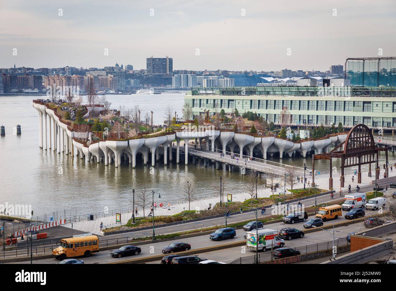 Little Island at Pier 55, artificial island, sits in Hudson River on 133 'tulips', opened 2021. Meatpacking District, New York, NY, USA. Stock Photo