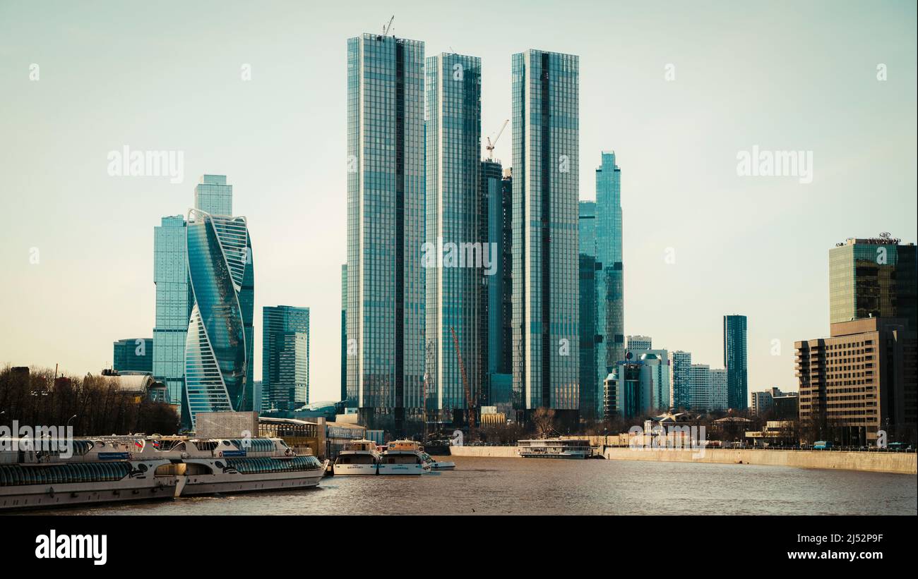 MOSCOW, RUSSIA - APRIL 18, 2022: Landscape of the business center of Moscow City in Moscow, Russia. High quality photo Stock Photo