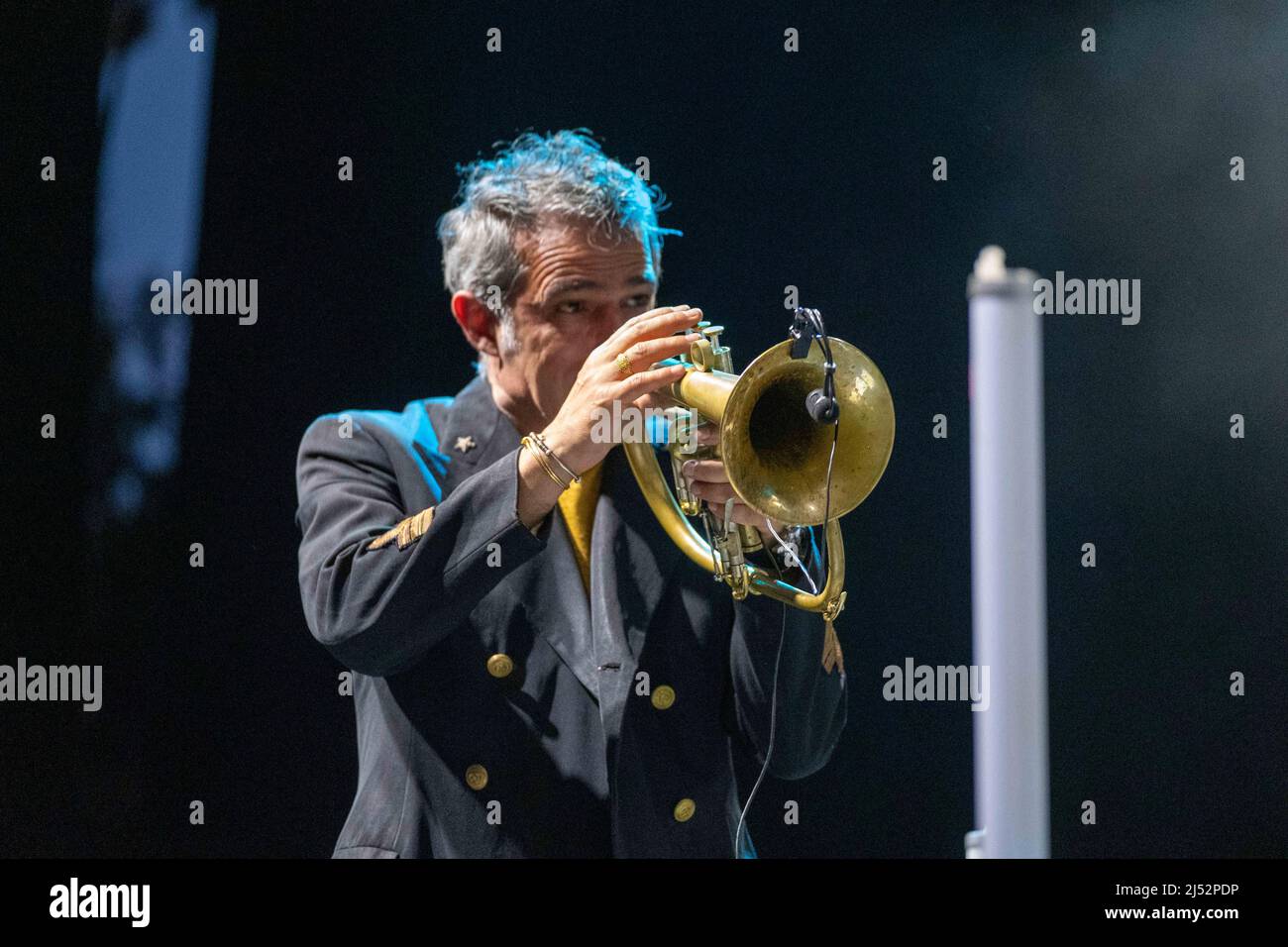 Verona, Italy. 30 June 2021. Picture shows Paolo Fresu during the performance at Teatro Romano in Verona for Rumors Festival 2021 Stock Photo