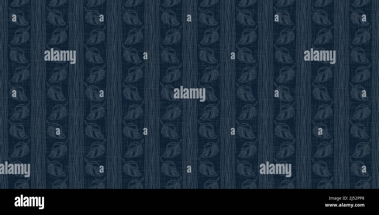 Dark indigo blue leaf dye stitch block print border. Japanese masculine ...