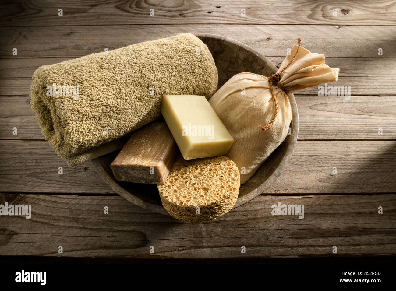 Body care products on wood table Stock Photo