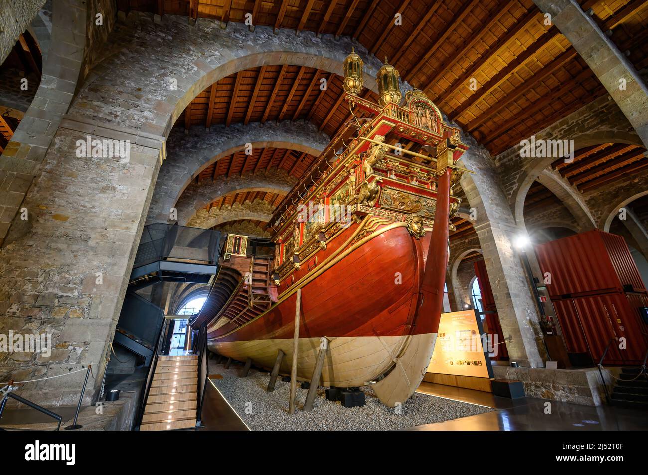 Barcelona, Spain. Royal Galley ship in the Maritime Museum, built in the Drassanes Reials in 1568 Stock Photo