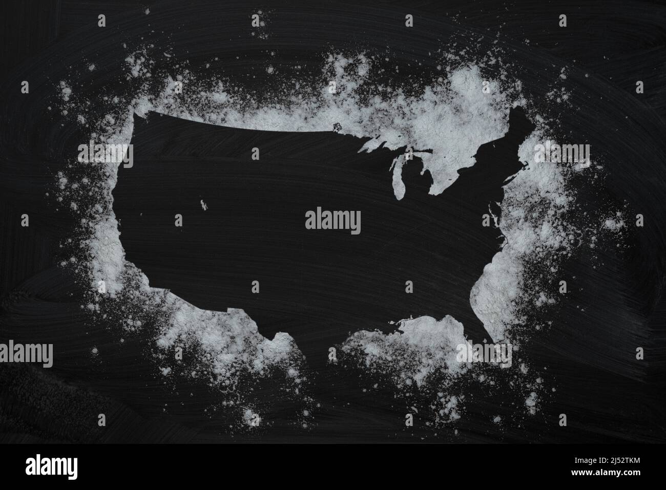 Frame with USA map from the flour on a dark background. Top view, copy space. Food concept. Stock Photo