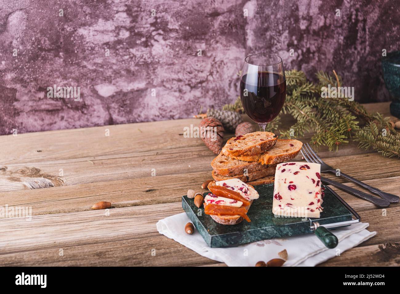 A slice of British Wensleydale and Cranberry cheese. Stock Photo