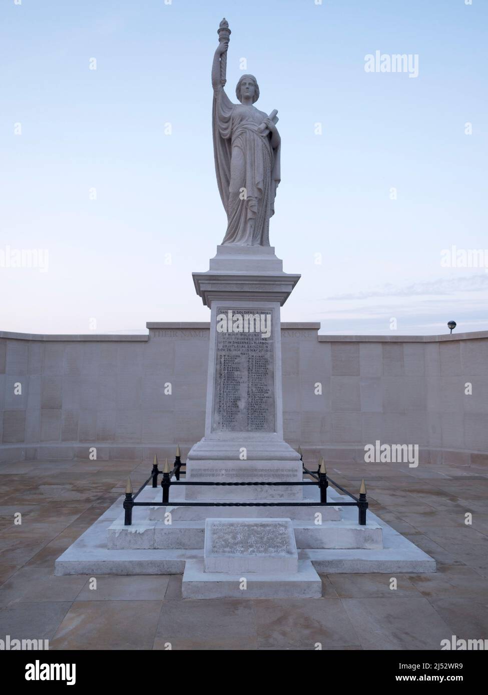 Sheerness, Kent, UK. 19th Apr, 2022. Sheerness war memorial has been improved with a brand new wall made from Portland stone behind the existing liberty statue (which has been cleaned) featuring 1,000 names of the fallen from across the island that were not included on the original monument. A dedication ceremony will be held on 24th for the 100th anniversary of the memorial, which is unusual and historically significant with Liberty as a secular and non-triumphalist tribute. Credit: James Bell/Alamy Live News Stock Photo