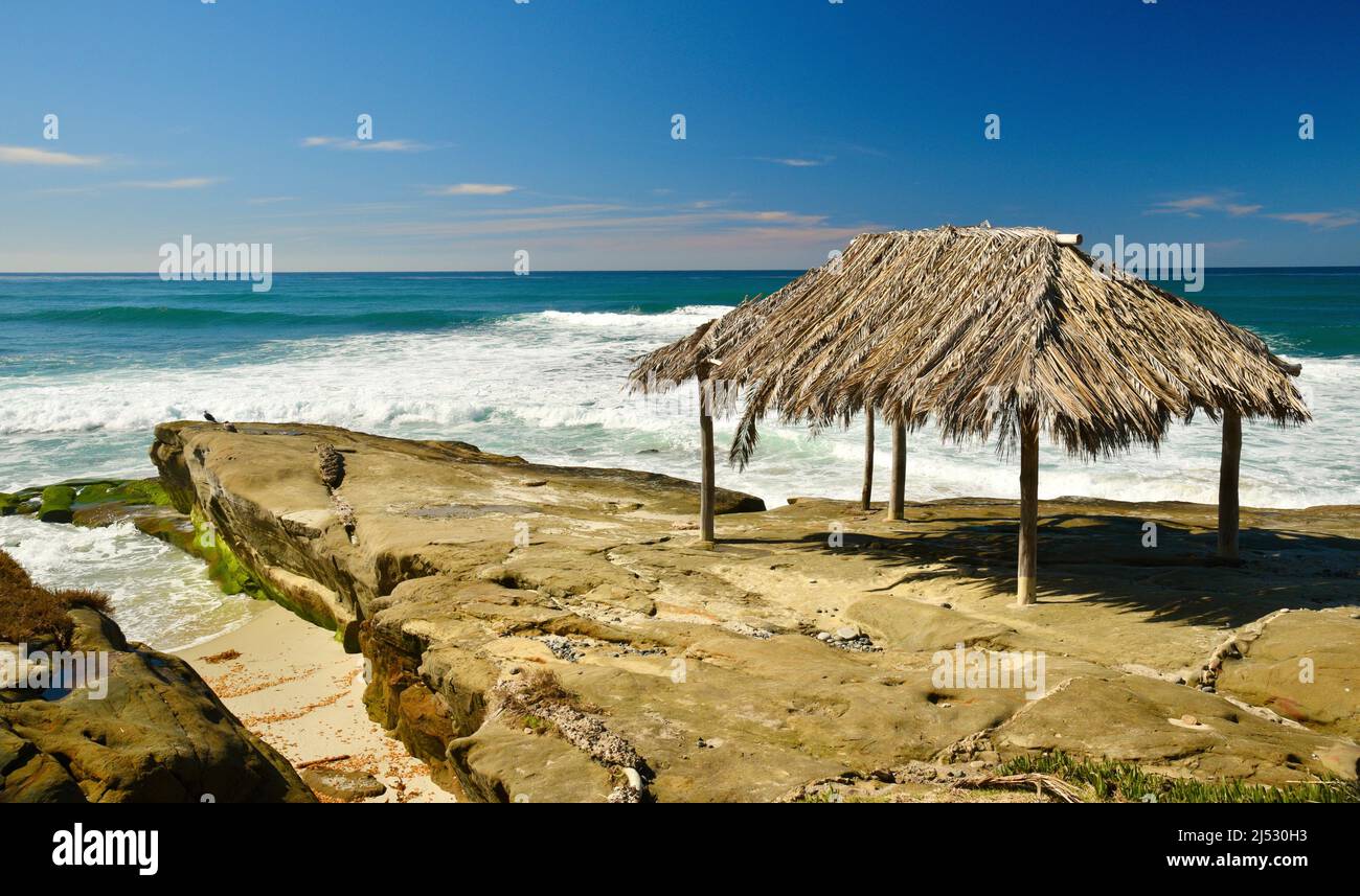 Historic landmark Windansea Surf Shack adjacent to waves and surf along ...