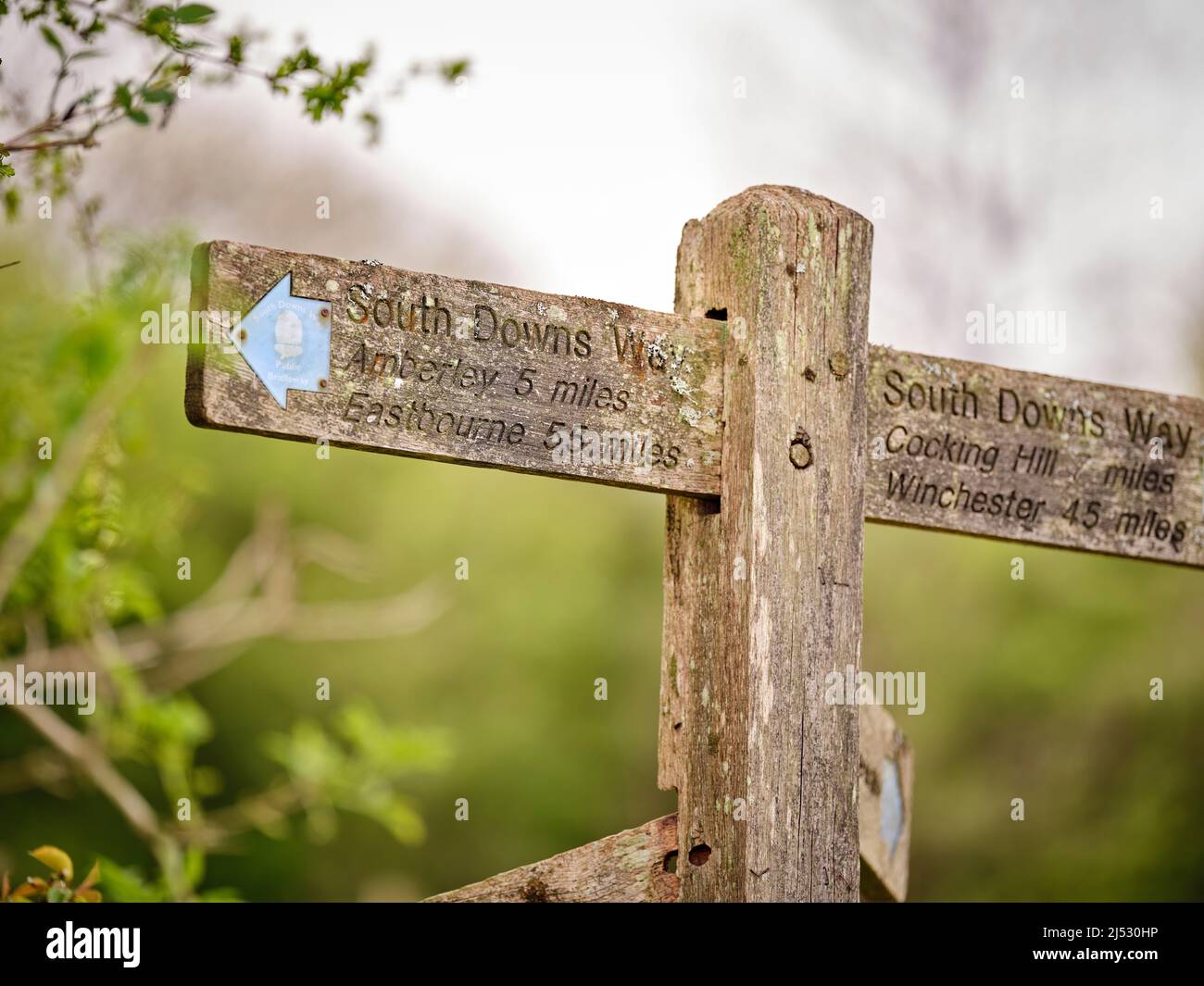 A signpost on The South Downs Way  at Bignor Hill in West Sussex. The sign shows distances to Eastbourne (55 miles) and Winchester (45 miles). Stock Photo