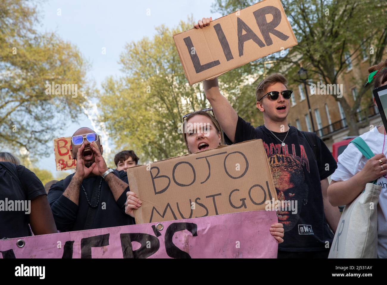 LONDON, APRIL 18 2022, Protest outside Downing Street calling for the resignation of Prime Minister Boris Johnson. Stock Photo