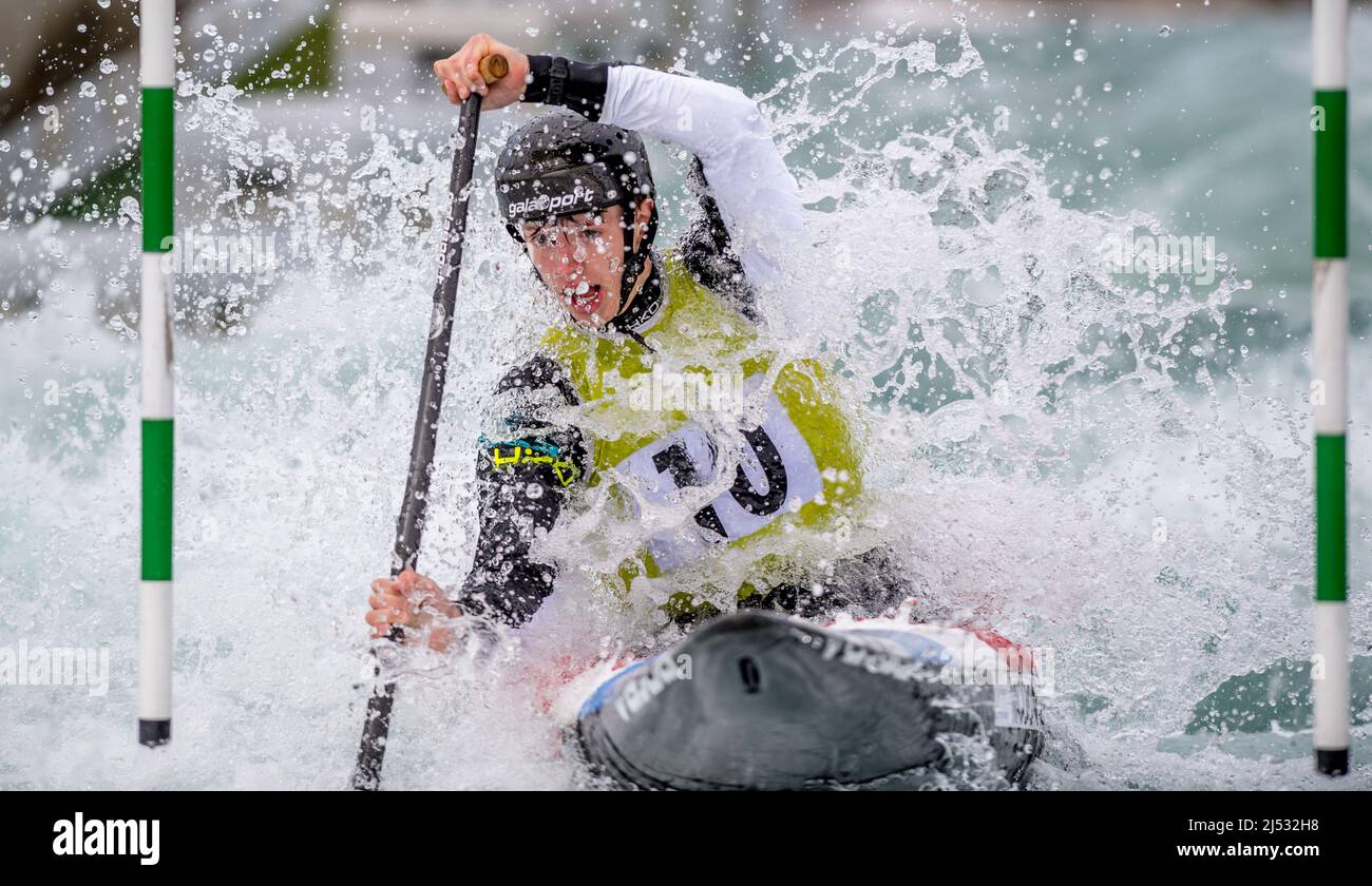 Lee Valley, Hertfordshire, London, 18 April 2022, Lee Valley, Hertfordshire, London, 18 April 2022, Cody Brown of Lower Wharfe CC/Custom Shutter competing in C1M during the British Canoe Slalom Olympic Qualification at Lee Valley on 18 April 2022. Photo by Phil Hutchinson. Editorial use only, license required for commercial use. No use in betting, games or a single club/league/player publications. Credit: UK Sports Pics Ltd/Alamy Live News Stock Photo