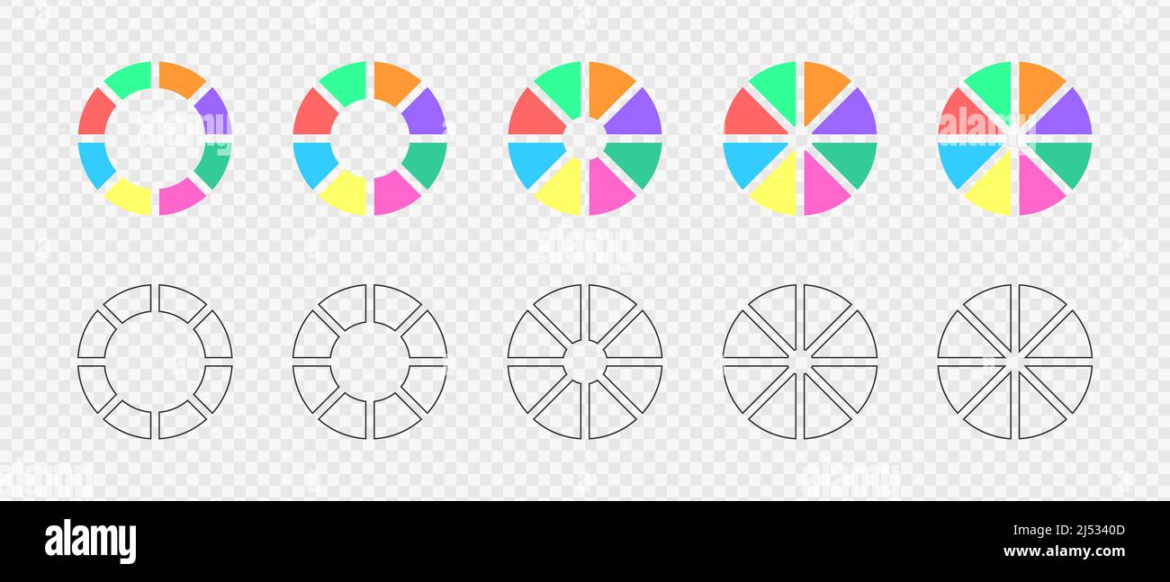 Donut charts set. Circle diagrams divided in 8 sections in flat and