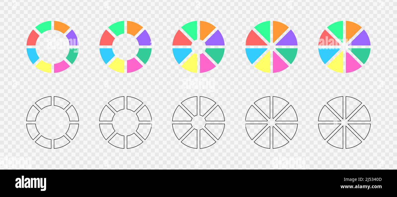Donut charts set. Circle diagrams divided in 8 sections in flat and graphic variations. Infographic wheels, loading bars, round shapes cut in eight equal parts. Vector illustration Stock Vector