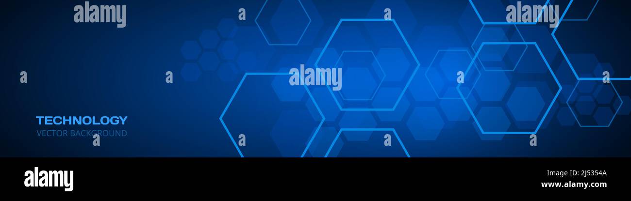 Technology dark blue wide abstract background with hexagonal elements ...
