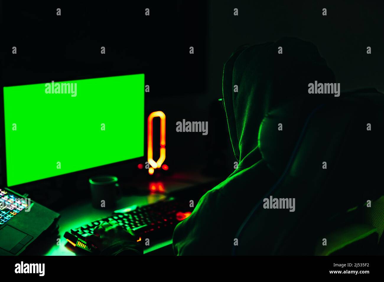 Hacker using computer to spy on financial data on government servers. cyber attack concept. Stock Photo