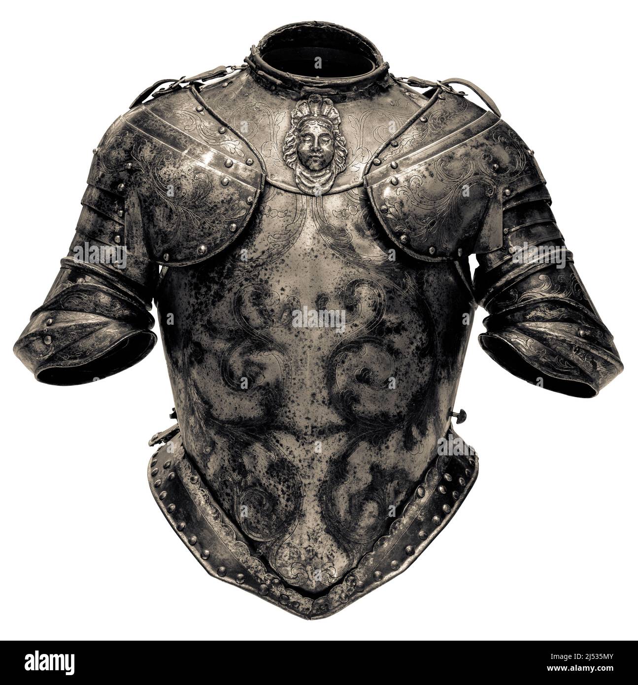 The Torso Section, Or Cuirass, Of A Medieval Suit Of Armor, Isolated On A White Background Stock Photo