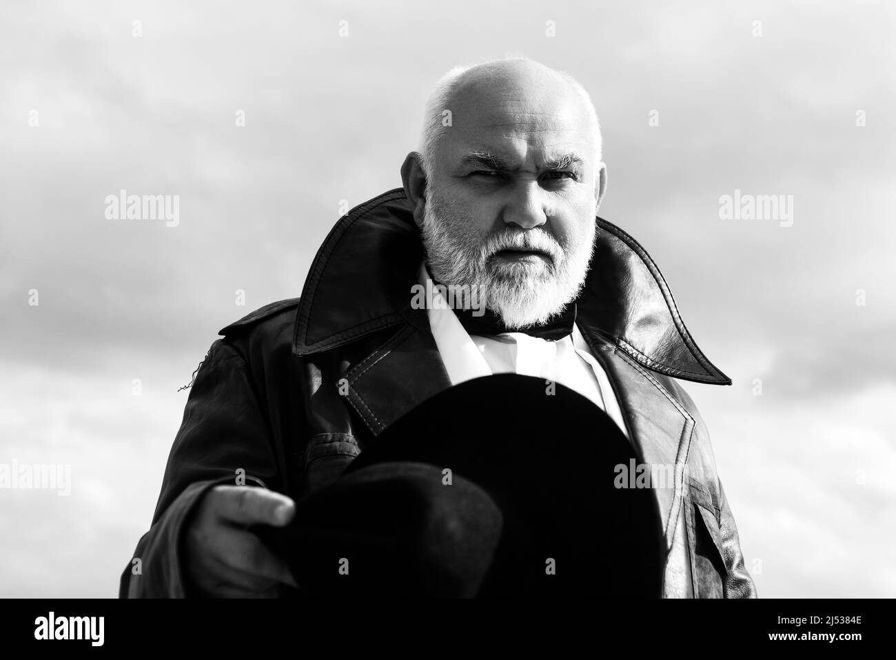 Old man in leather jacket Black and White Stock Photos & Images - Alamy