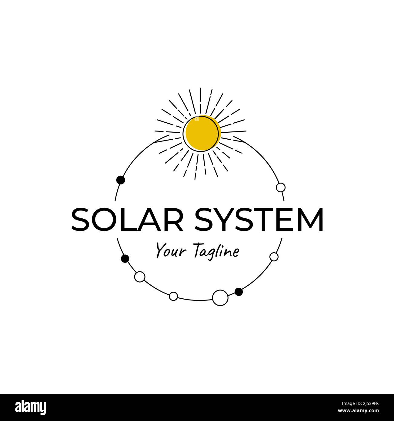 Vector logo where abstract image of solar system with simple rotating planets around the sun. Stock Vector
