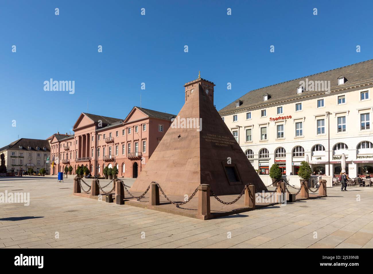 Karlsruhe, Germany - April 17, 2022: Karlsruhe Pyramid, city's founder grave, red sandstone monument located on market square of Karlsruhe. Stock Photo