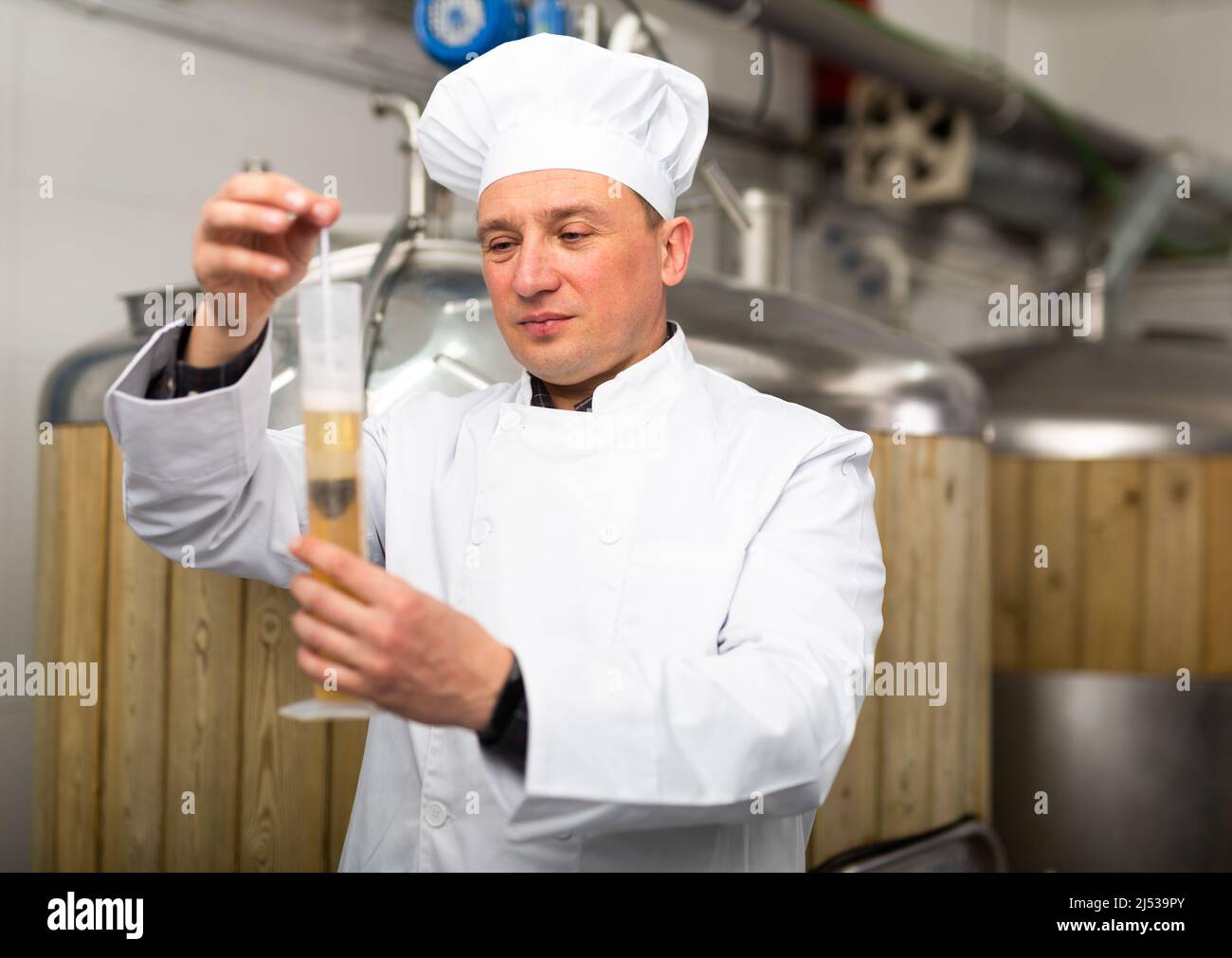 Man brewmaster measuring beer with alcoholometer Stock Photo