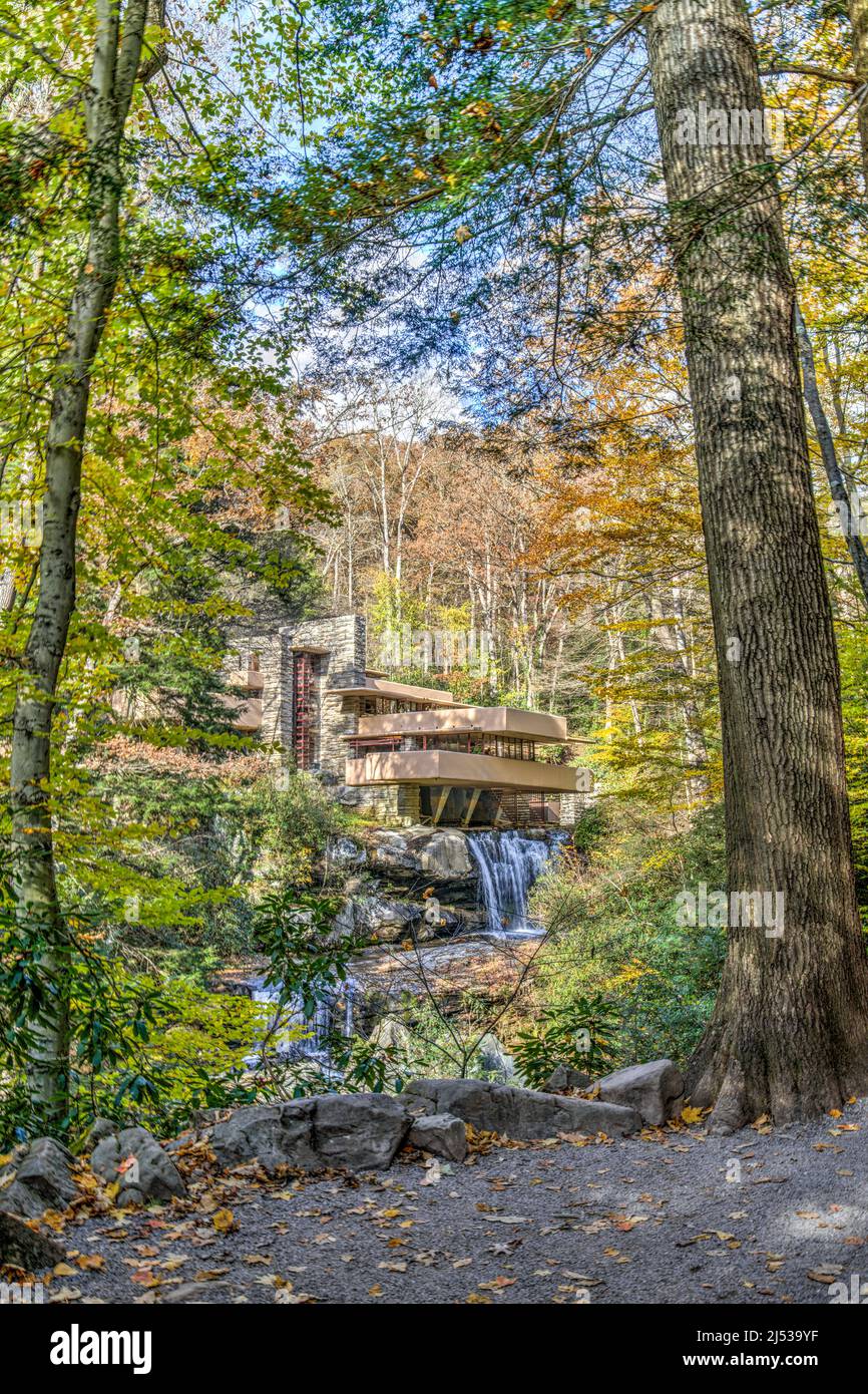 A view of Frank Lloyd Wright’s Falling Water from the View on the Lower Bear Run Trail in Mill Run, Pennsylvania. Stock Photo