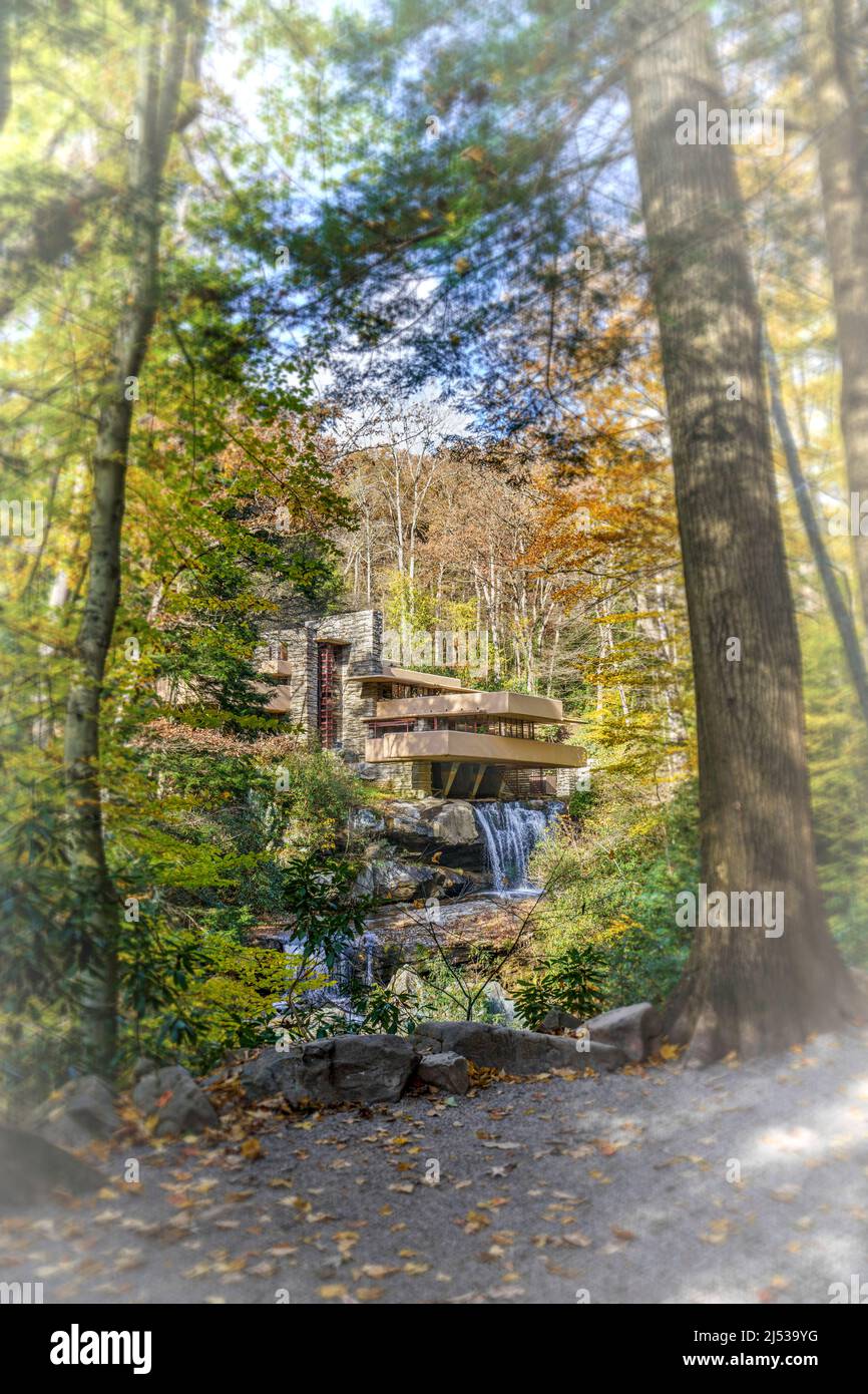 A view of Frank Lloyd Wright’s Falling Water from the View on the Lower Bear Run Trail in Mill Run, Pennsylvania. Stock Photo