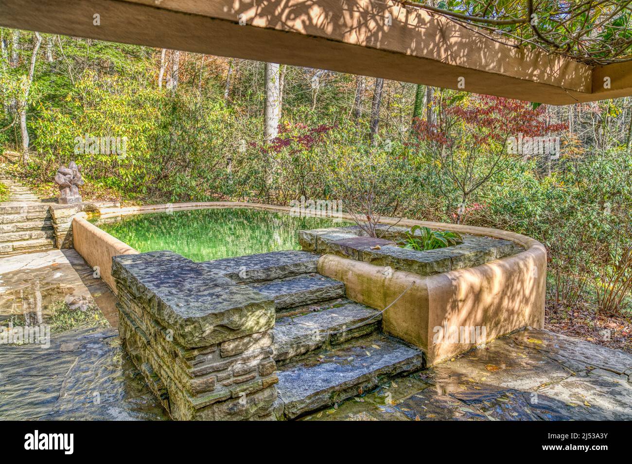The swimming pool at the guesthouse of Frank Lloyd Wright’s Falling Water in Mill Run, Pennsylvania. Stock Photo