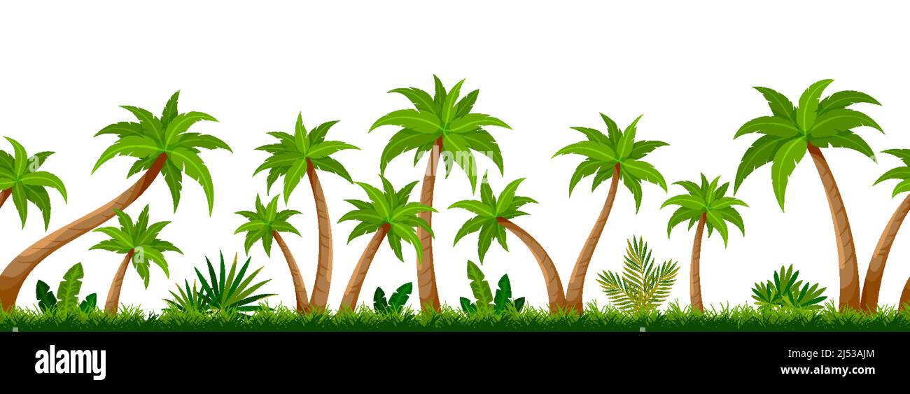 Tropical palm tree green seamless background flat. Dense summer foliage