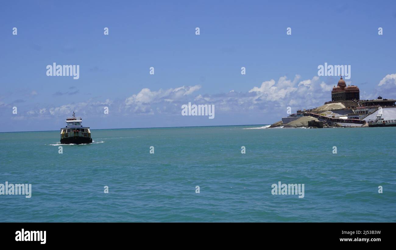 Kanyakumari,Tamilnadu,India-April 16 2022: Tourists enjoying ferry boat service in Kanyakumari which carries passengers to visit Vivekananda Rock Memo Stock Photo