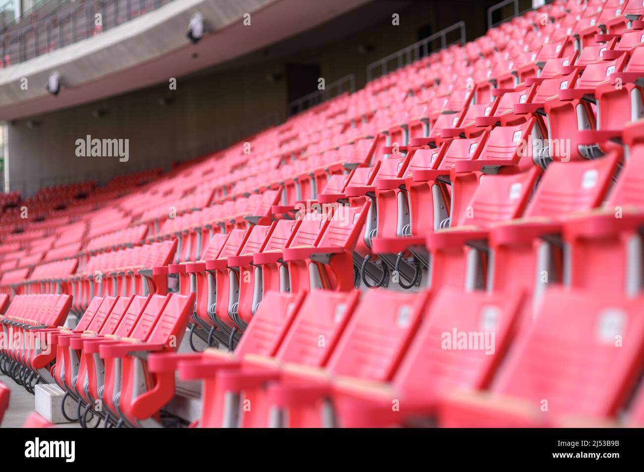 Rows of empty red plastic chairs at a sports stadium. Stock Photo