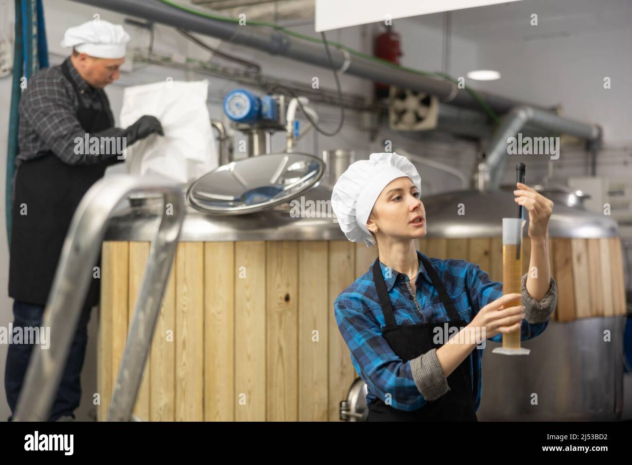 Female brewer using digital hydrometer for measuring beer density Stock